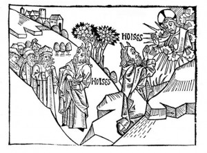 Moses mit Hörnern in einer Bibel um 1475